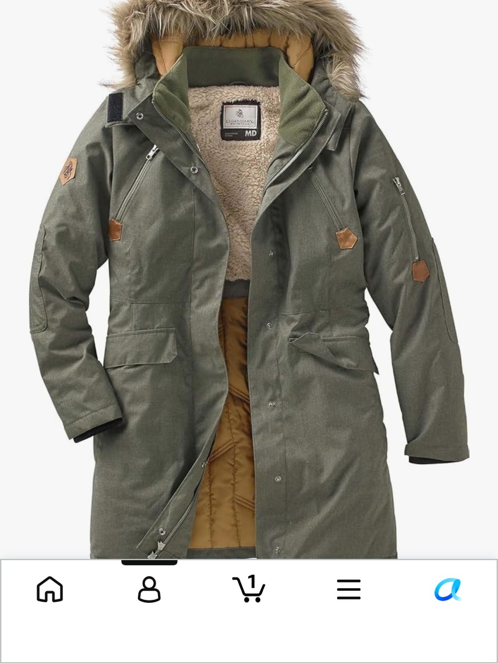 Womans Olive Green Parka Coat with Faux-Fur Hood